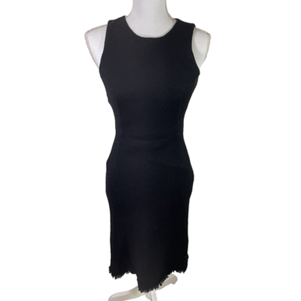 Theory Sleeveless Textured Wool Blend Fringe Hem Black Dress Sz 0